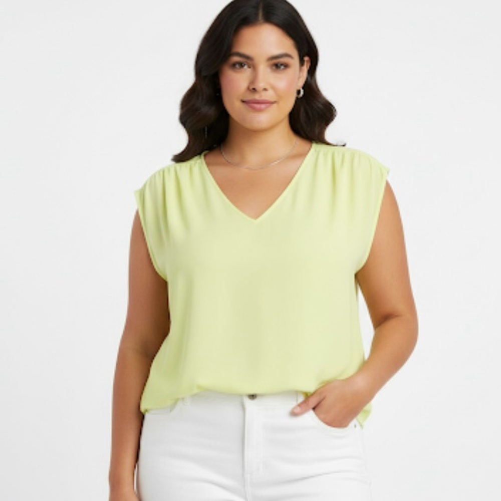 Worthington Blouse Cap Sleeve Lime Green Crepe V-Neck XL Dressy Top Work Chic
